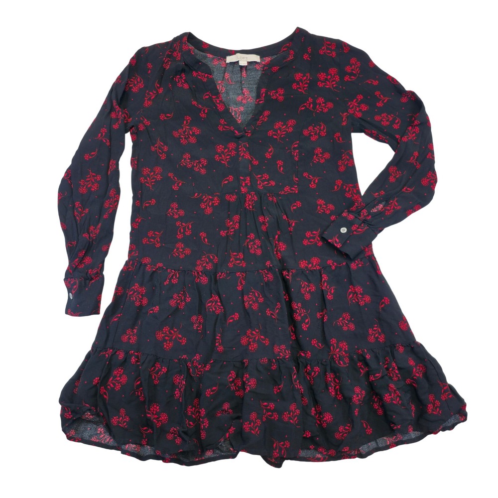 LOFT XS Black Red Floral Tiered Ruffle Hem Long Sleeve Mini Dress 100% Viscose